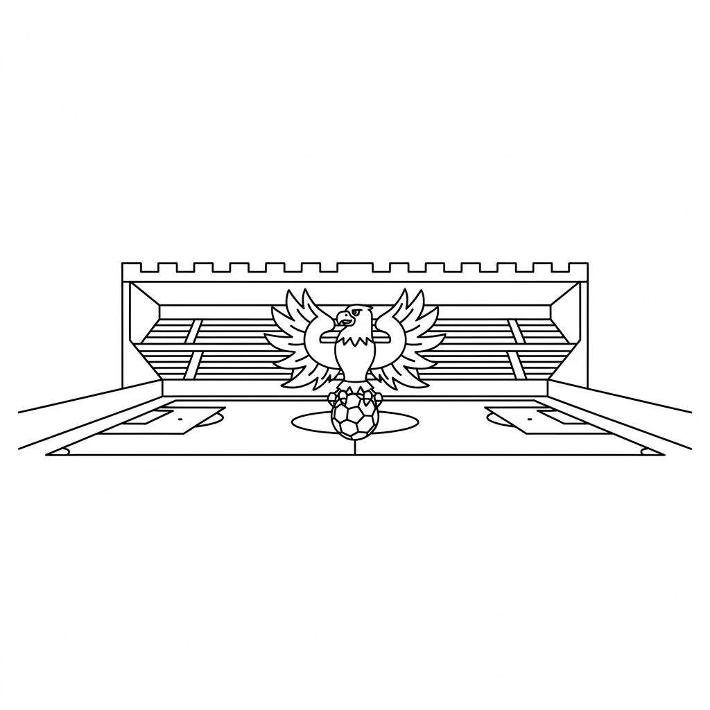 Kleurplaat van het Go Ahead Eagles embleem: een gestileerde adelaar met gespreide vleugels op een voetbal, voor een stadion met kantelen.