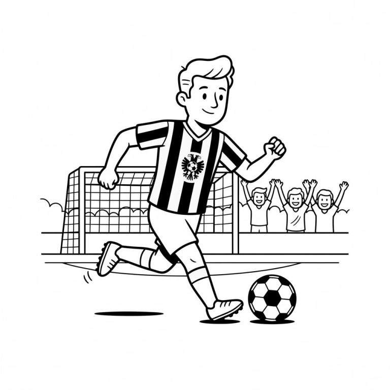 Zwart-witte lijntekening van een jonge Vitesse voetbalspeler die dribbelt met een bal voor een voetbaldoel. Drie juichende supporters staan op de achtergrond.