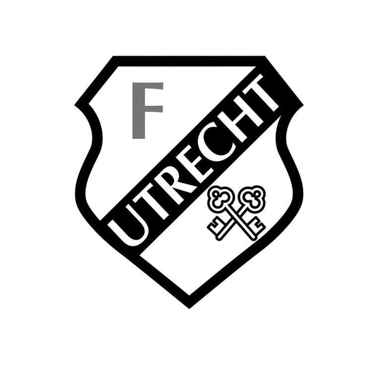 Kleurplaat van het FC Utrecht logo: een wit schild met zwarte omranding, een diagonale zwarte band met witte tekst 'UTRECHT', een grijze 'F' en twee zwart omlijnde gekruiste sleutels.