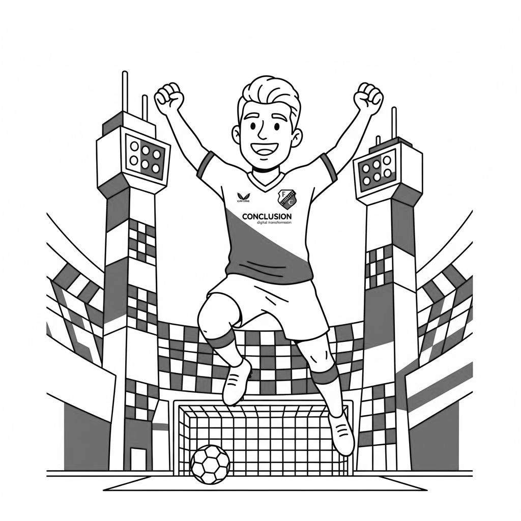 Zwart-wit kleurplaat van een juichende FC Utrecht voetballer in een stadion, springend met armen omhoog, met logo's op zijn shirt en een voetbaldoel en geblokte tribunes op de achtergrond.