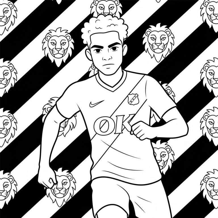 Kleurplaat van een NAC Breda voetbalspeler met Nike-logo, NAC-embleem en 'ØK' op zijn shirt, voor een achtergrond van diagonale strepen en leeuwenkoppen.