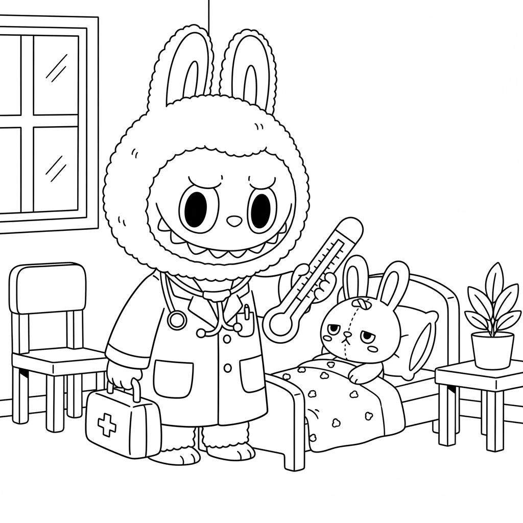 Zwart-wit kleurplaat van een doktersbezoek. Een grote konijn-dokter met stethoscoop houdt een thermometer vast bij een kleinere, zieke konijn-patiënt met hechtingen in bed. Op de achtergrond zijn een raam en een nachtkastje te zien.