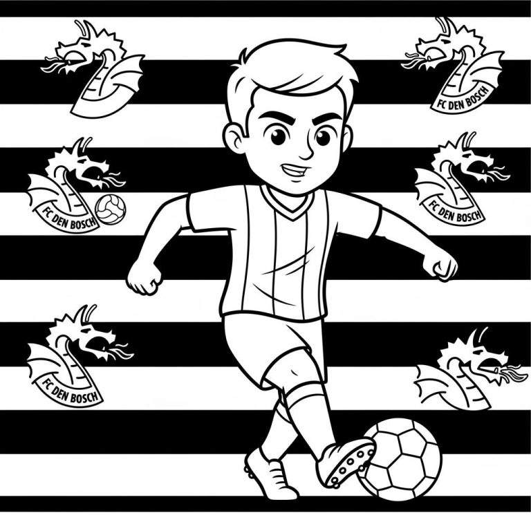 Zwart-wit kleurplaat van een glimlachende jongen in FC Den Bosch voetbaltenue die een voetbal aan zijn rechtervoet heeft, met FC Den Bosch draak logo's en gestreepte achtergrond.