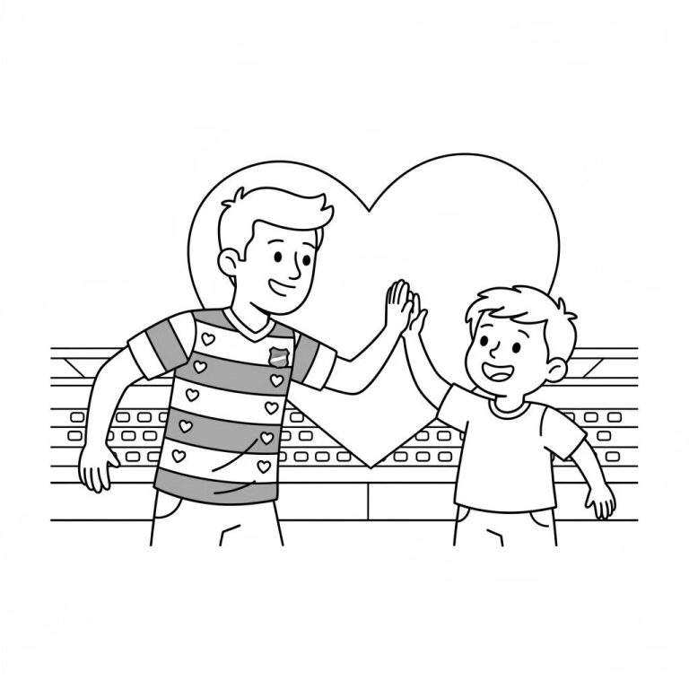 Kleurplaat van een lachende man en jongen die high five geven, met een hart en tribune op de achtergrond. De man draagt een gestreept T-shirt met hartjes. SC Heerenveen thema.