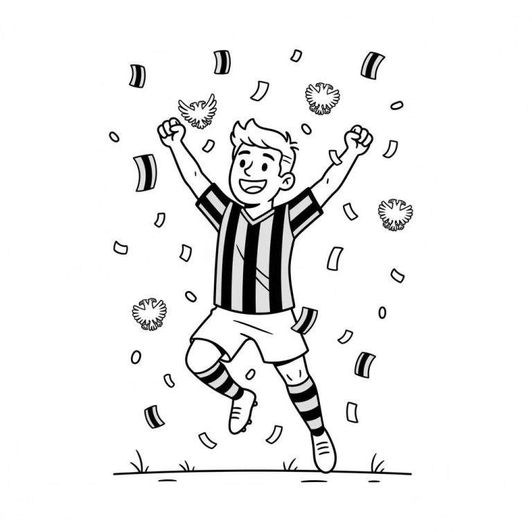 Zwart-wit kleurplaat van een juichende Vitesse voetballer die in de lucht springt, omringd door confetti. Hij draagt een zwart-wit gestreept shirt, witte broek en voetbalschoenen, met open mond en gebalde vuisten, staand op een grasveld.