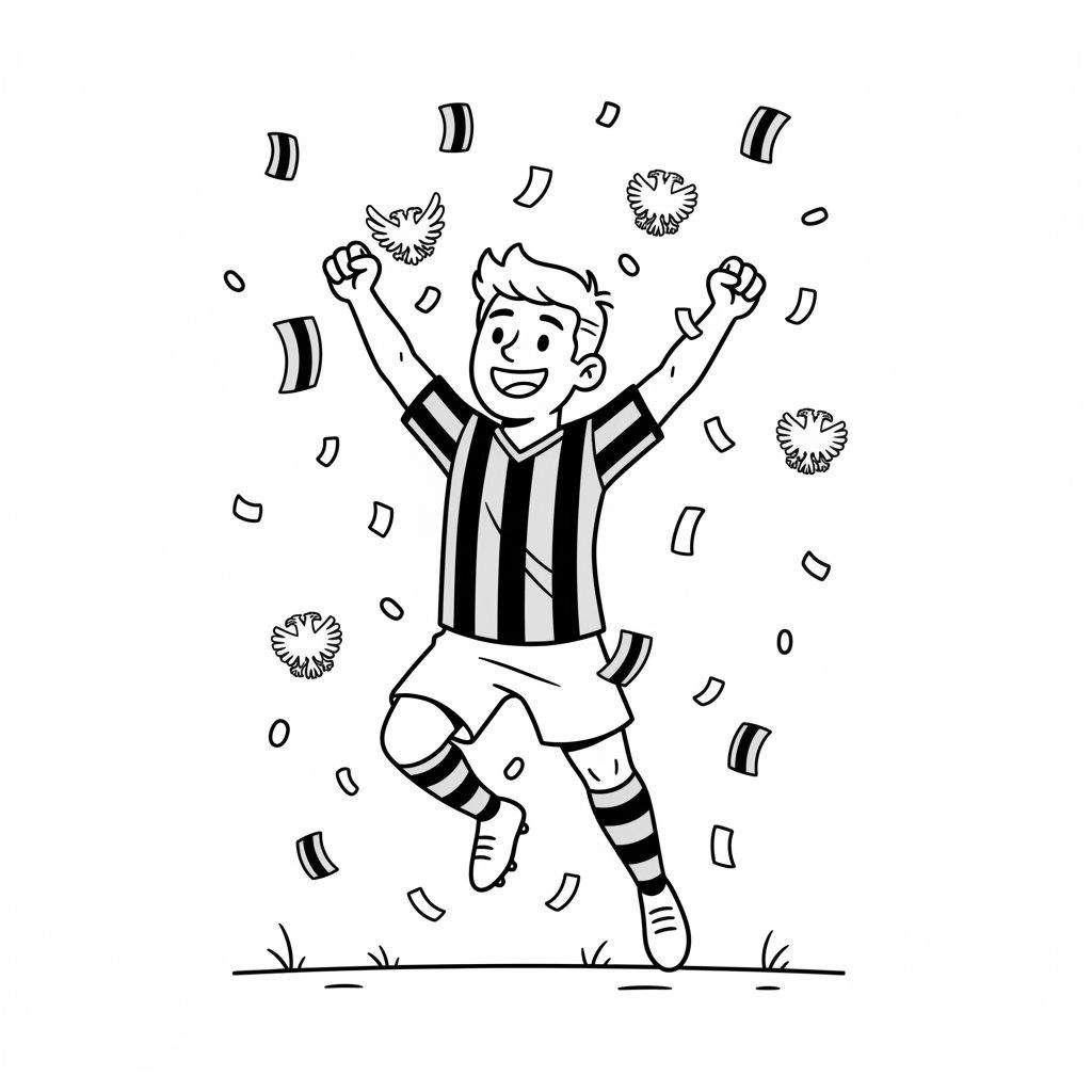 Zwart-wit kleurplaat van een juichende Vitesse voetballer die in de lucht springt, omringd door confetti. Hij draagt een zwart-wit gestreept shirt, witte broek en voetbalschoenen, met open mond en gebalde vuisten, staand op een grasveld.