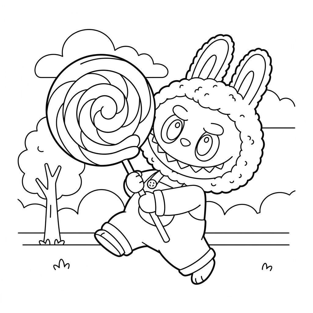 Zwart-wit lijntekening van een Labubu-achtig figuur met konijnenoren en puntige tanden, gehuld in een tuinbroek, huppelend met een gigantische spiraallolly in zijn hand. Op de achtergrond een boom, wolken en graspolletjes.