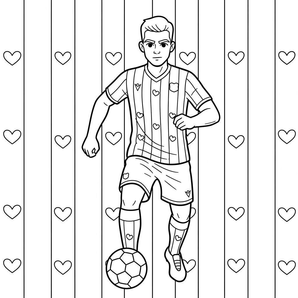 Kleurplaat jonge voetballer SC Heerenveen tenue met hartjes, bal aan de voet, gestreepte achtergrond.