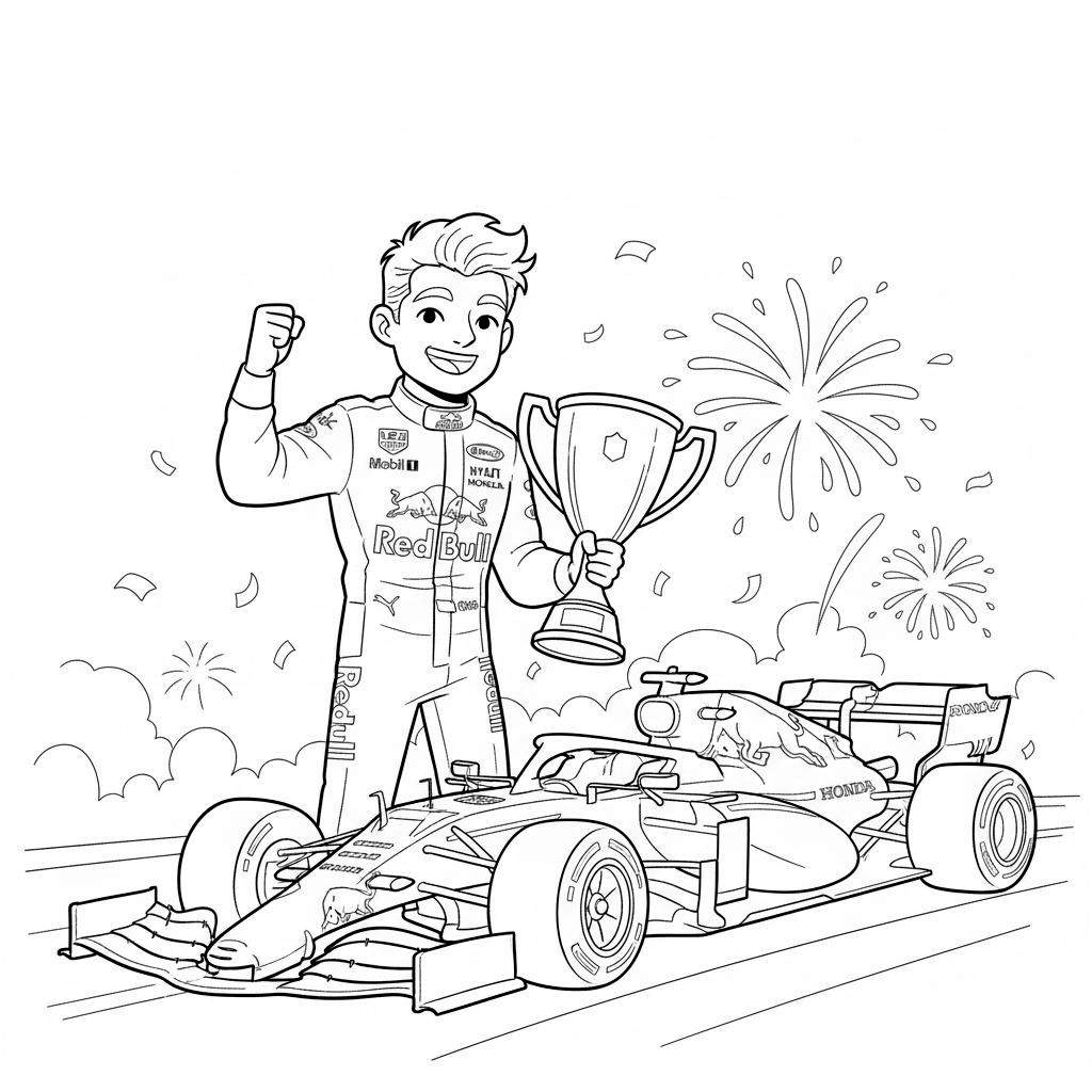 Kleurplaat van een lachende Red Bull Formule 1-coureur in racepak met sponsorlogo's als 'Red Bull' en 'Mobil 1', die een grote, glimmende trofee vasthoudt en zijn overwinning viert met een opgeheven vuist. Hij staat naast zijn F1-racewagen met 'Red Bull' en 'Honda' logo's, met feestelijk vuurwerk op de achtergrond op een circuit.