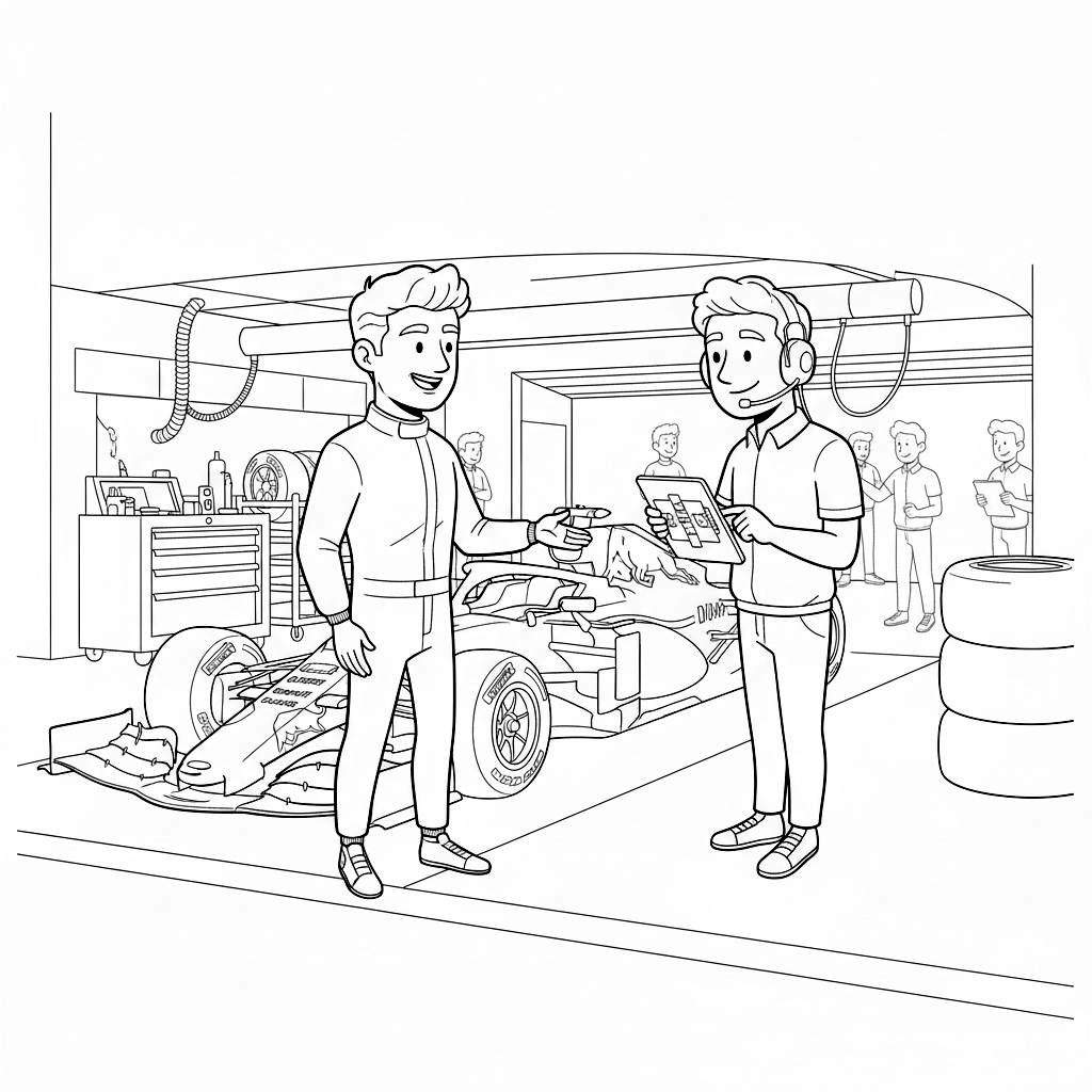 Zwart-wit kleurplaat van een Red Bull F1 racegarage. Een breed glimlachende coureur in raceoveral wijst naar een gestroomlijnde Formule 1-auto. Rechts van hem staat een teamlid met headset en tablet, ook glimlachend. Rechts liggen racebanden en links een gereedschapskist. Op de achtergrond zijn buizen en andere teamleden zichtbaar.
