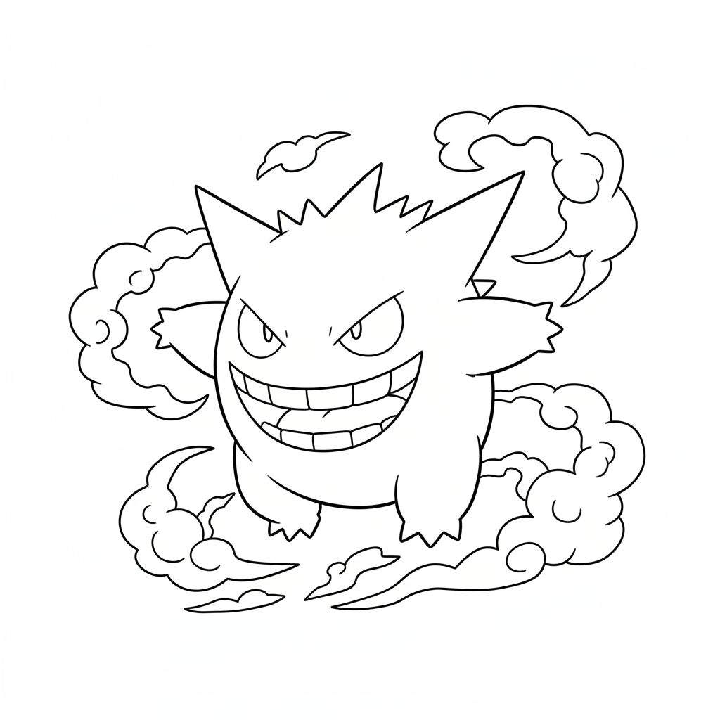 Zwart-wit lijntekening van Pokémon Gengar met puntig hoofd, gemene grijns, priemende ogen en omringd door rookwolken, als kleurplaat.