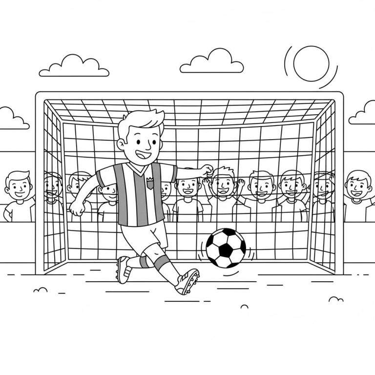 Zwart-wit kleurplaat van een lachende jongen in voetbalshirt die een voetbal trapt voor een goal met juichende toeschouwers, zon en wolken. PEC Zwolle thema.