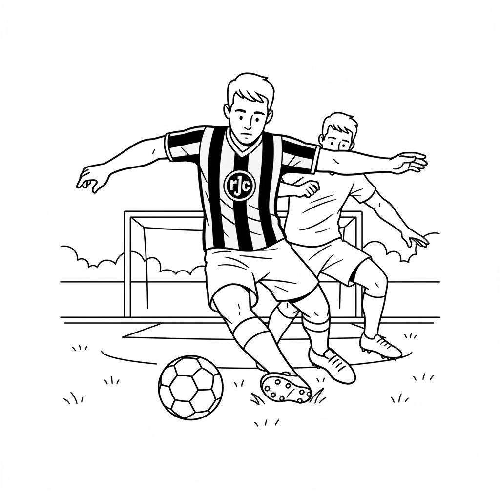 Zwart-wit lijntekening van twee voetballers op een grasveld. De voorste speler draagt een gestreept Roda JC shirt met 'rjc' logo en dribbelt de bal. De achterste speler in effen shirt verdedigt. Op de achtergrond staat een voetbaldoel.