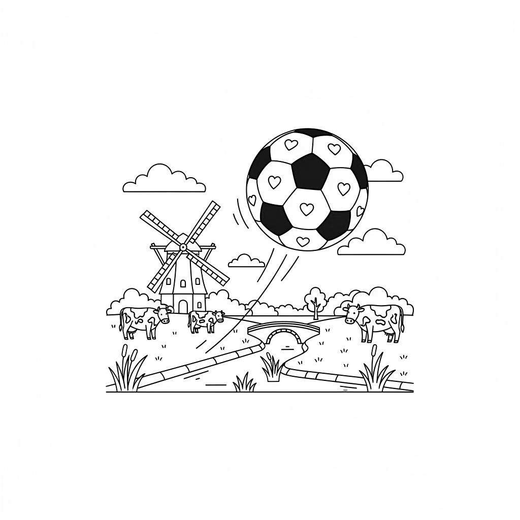Zwart-wit kleurplaat van een Fries landschap met molen, grazende koeien, een boogbrug en een vliegende voetbal met hartjespatroon. Thema: SC Heerenveen.