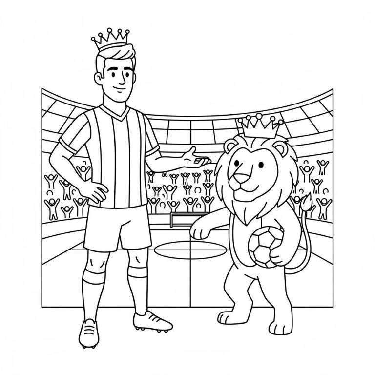 Zwart-wit lijntekening voor een kleurplaat van een lachende Willem II voetballer en een gekroonde leeuw met voetbal in een stadion vol juichende toeschouwers.