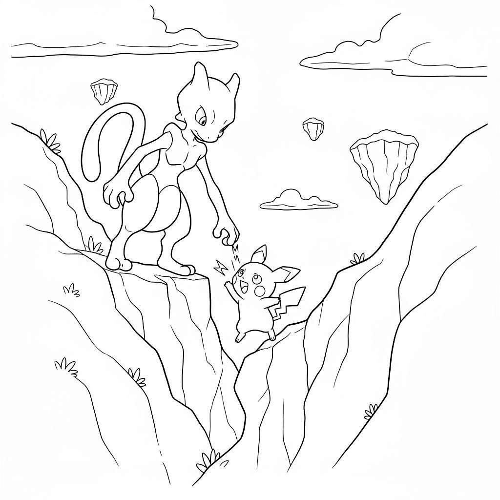 Lijntekening van Mewtwo die vriendelijk reikt naar een enthousiast springende Pikachu met bliksemflitsen, in een diep rotsachtig ravijn met zwevende rotsen en wolken.