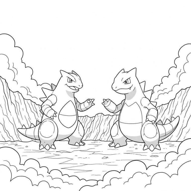 Zwart-wit lijntekening kleurplaat van twee Tyranitars die elkaar uitdagend aankijken in een ruig, rotsachtig berglandschap met gestileerde wolken op de achtergrond.