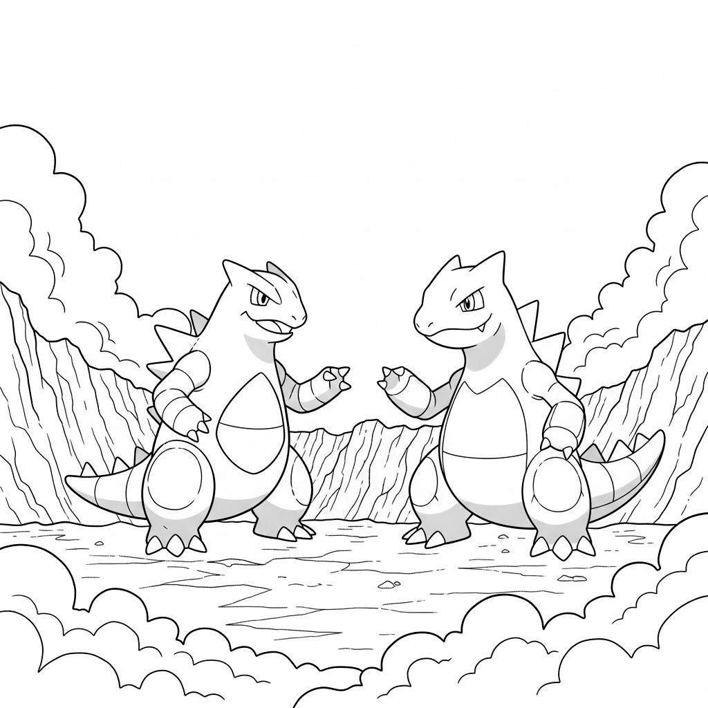 Zwart-wit lijntekening kleurplaat van twee Tyranitars die elkaar uitdagend aankijken in een ruig, rotsachtig berglandschap met gestileerde wolken op de achtergrond.