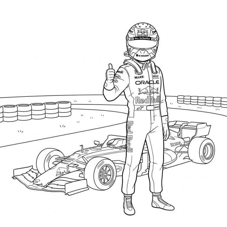 Zwart-wit kleurplaat van Formule 1-coureur Max Verstappen in Red Bull racepak, duim omhoog, naast zijn Red Bull F1-auto op een circuit.