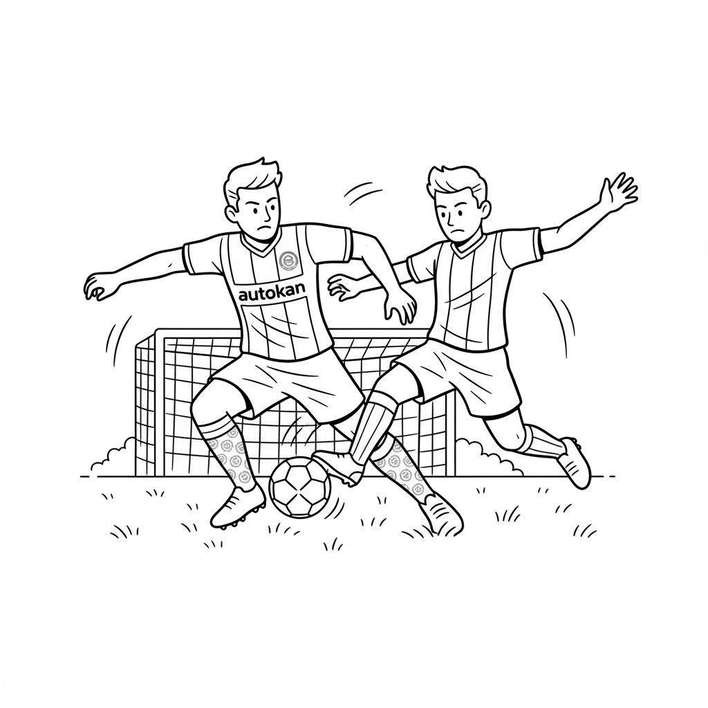 Kleurplaat van twee FC Groningen voetballers in actie op het veld, strijdend om de bal bij een voetbaldoel.