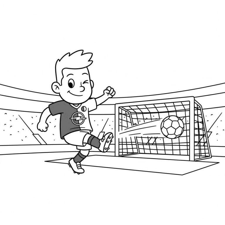 Zwart-wit kleurplaat van een vrolijke jongen in Feyenoord-tenue die een doelpunt scoort. De voetbal vliegt met snelheidslijnen door het net van het doel, met een voetbalveld en stadion op de achtergrond.