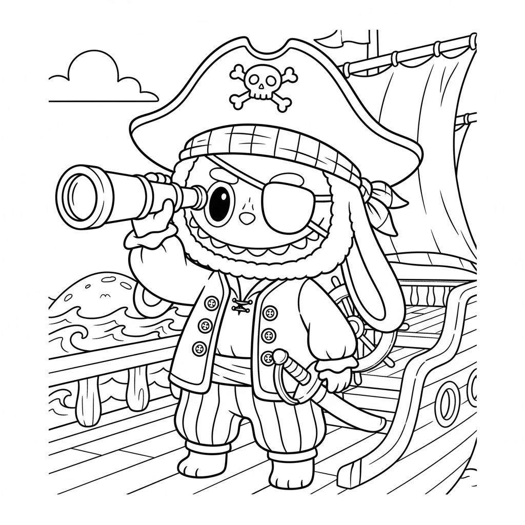 Zwart-wit Labubu piratenkonijn kleurplaat, met ooglapje en piratenhoed, kijkend door een telescoop op het dek van een piratenschip met zeil en stuurwiel.