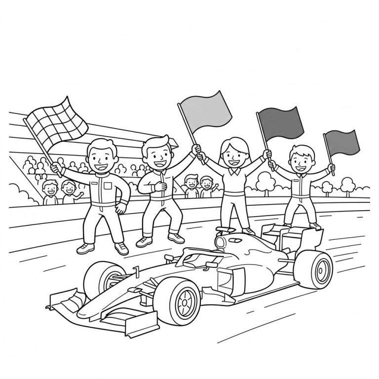 Kleurplaat van een F1 race winnaar die feestviert met vier kinderen en vlaggen op de baan, met een juichend publiek op de tribune.