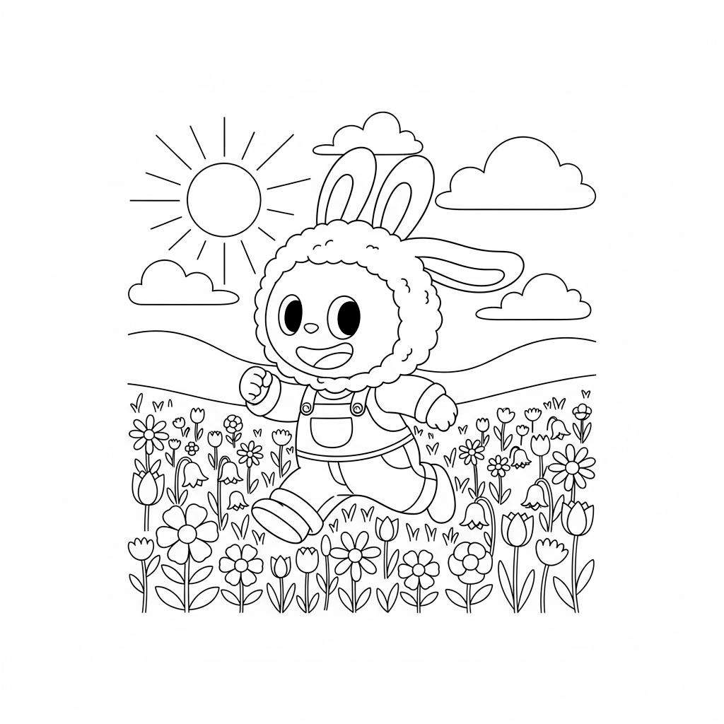 Kleurplaat van een vrolijk, Labubu-stijl konijntje in tuinbroek dat huppelt door een bloemenveld vol madeliefjes, tulpen en klokjesbloemen, onder een zonnige hemel met wolken.