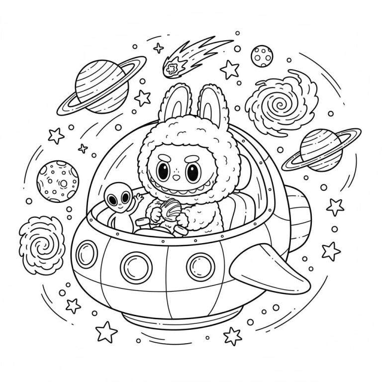 Zwart-wit kleurplaat van een schattig ruimteschip. Een konijnachtig wezen bestuurt het, geflankeerd door een zwaaiend buitenaards wezentje. Op de achtergrond zijn planeten, sterren, een komeet en spiraalvormige nevels te zien.