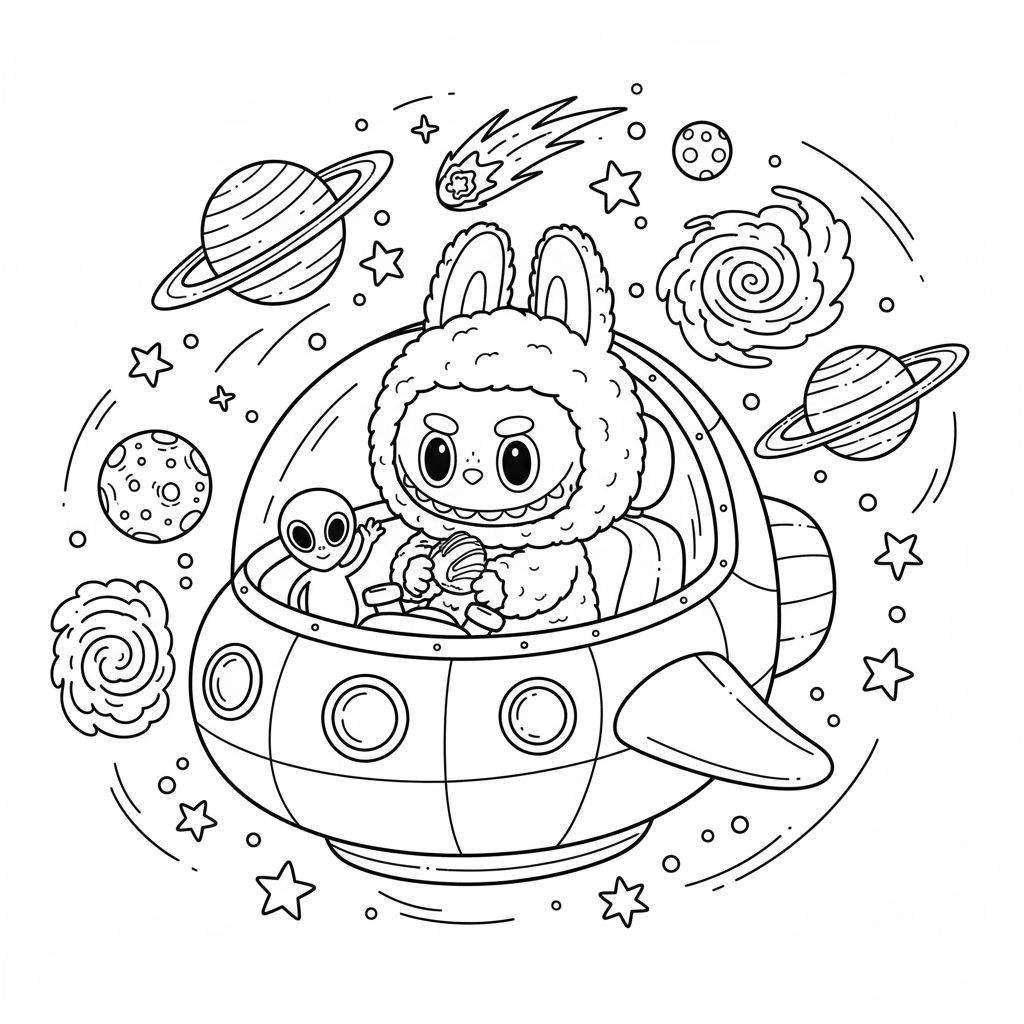 Zwart-wit kleurplaat van een schattig ruimteschip. Een konijnachtig wezen bestuurt het, geflankeerd door een zwaaiend buitenaards wezentje. Op de achtergrond zijn planeten, sterren, een komeet en spiraalvormige nevels te zien.