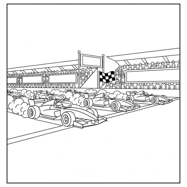 Zwart-wit kleurplaat van een spannende Red Bull Formule 1-achtige autorace op een circuit met meerdere racewagens, tribunes vol toeschouwers, schermen en een finishvlag.
