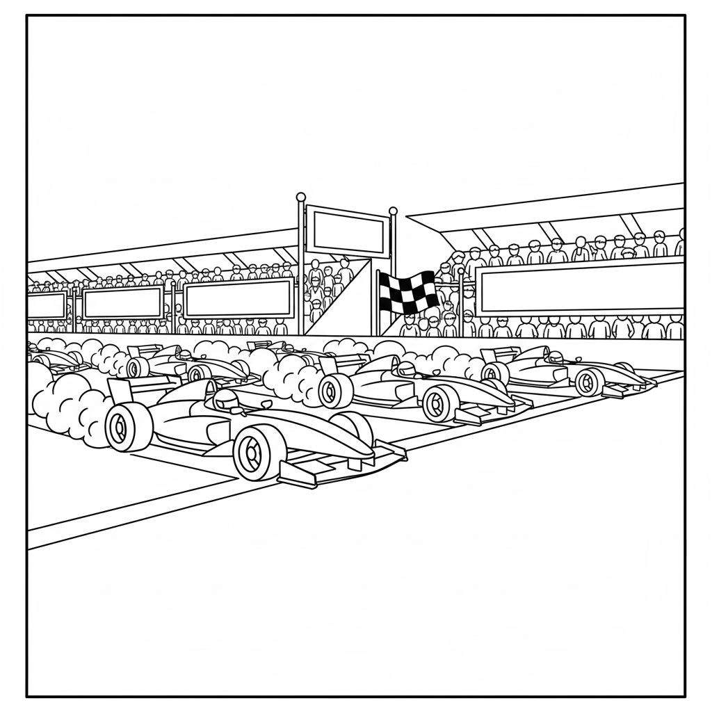 Zwart-wit kleurplaat van een spannende Red Bull Formule 1-achtige autorace op een circuit met meerdere racewagens, tribunes vol toeschouwers, schermen en een finishvlag.
