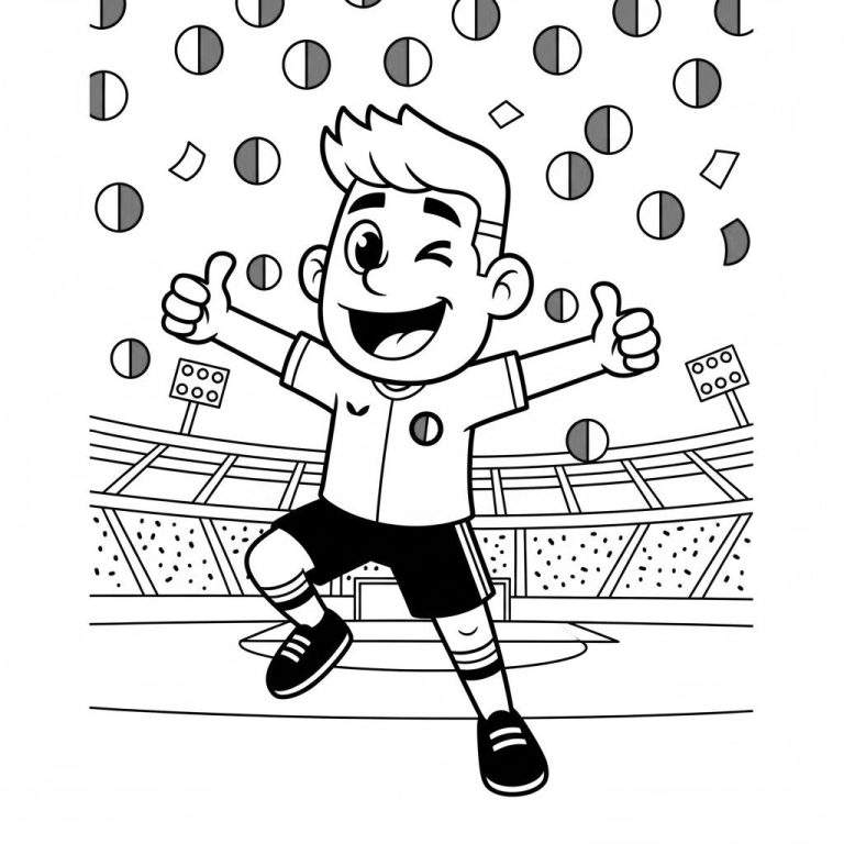 Kleurplaat van een juichende Feyenoord-jongen met twee duimen omhoog in een stadion, omringd door confetti.