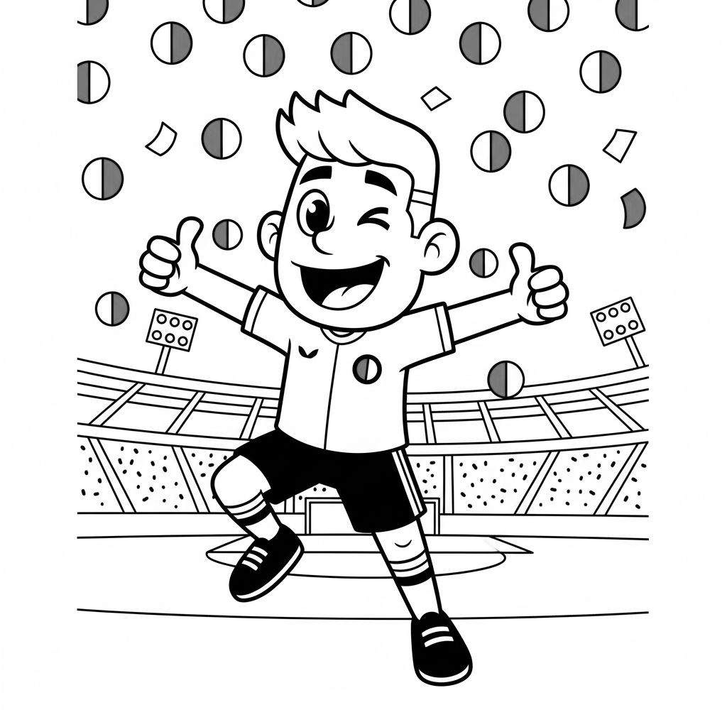 Kleurplaat van een juichende Feyenoord-jongen met twee duimen omhoog in een stadion, omringd door confetti.