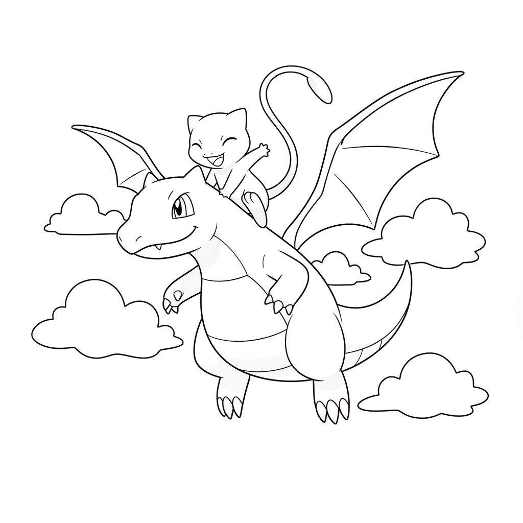 Zwart-wit lijntekening kleurplaat van de draakachtige Pokémon Charizard die de katachtige Pokémon Mew op zijn rug draagt, vliegend tussen gestileerde wolken.