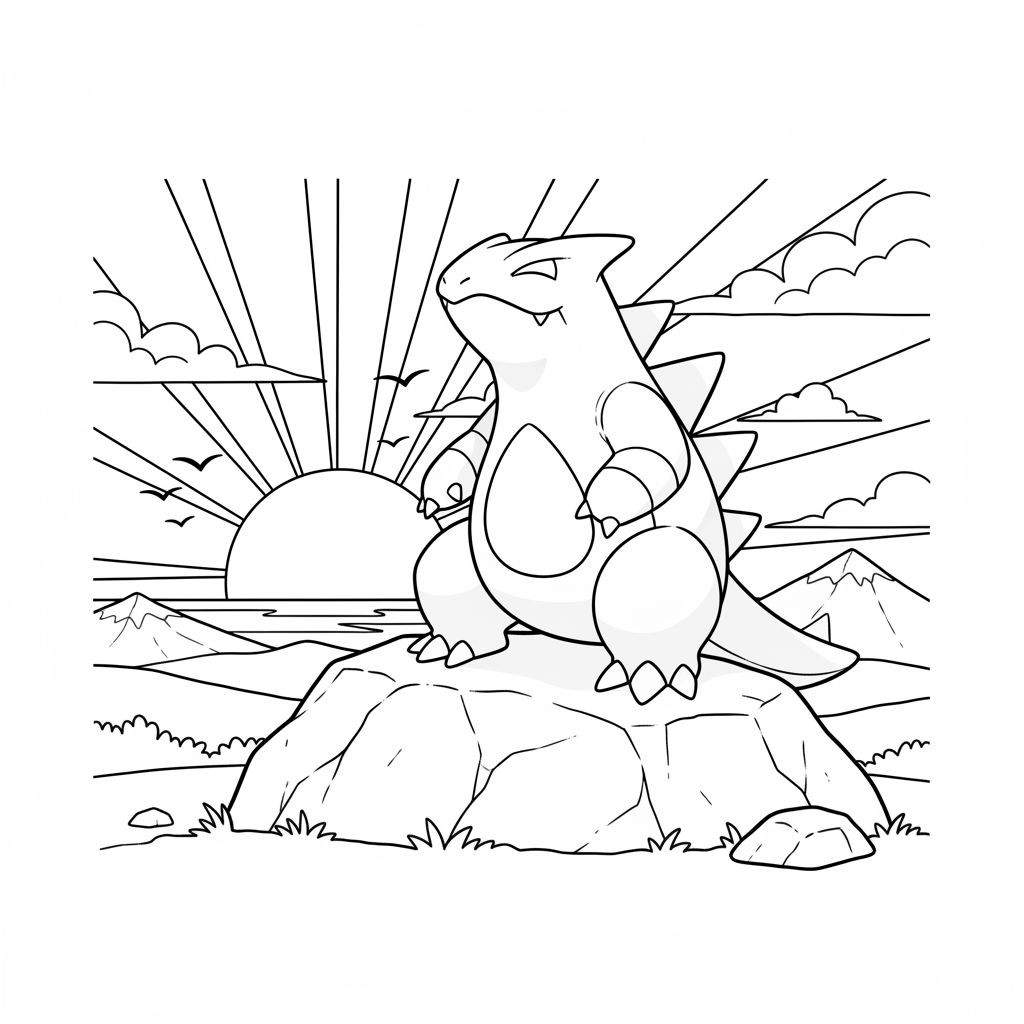Kleurplaat van Tyranitar op een rots in een landschap met bergen, water, en een stralende zon met vliegende vogels.