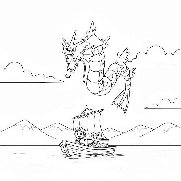 Kleurplaat van een vliegende Gyarados boven een zeilboot met twee kinderen op water, met bergen en wolken op de achtergrond.
