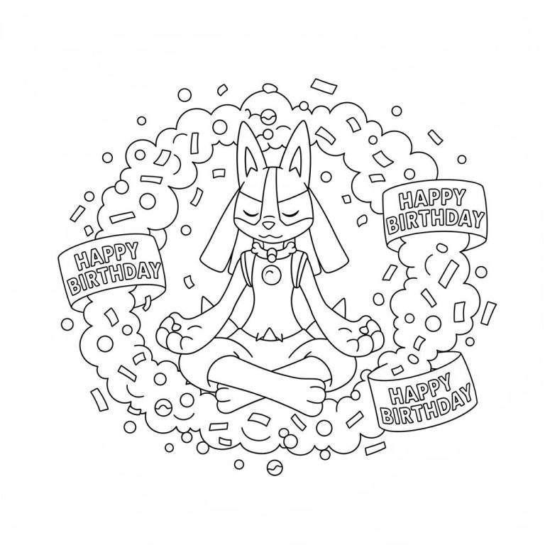 Zwart-wit kleurplaat van Lucario in meditatiehouding met gekruiste benen en gesloten ogen, omringd door zwevende confetti/bellen en drie spandoeken met 'HAPPY BIRTHDAY'.