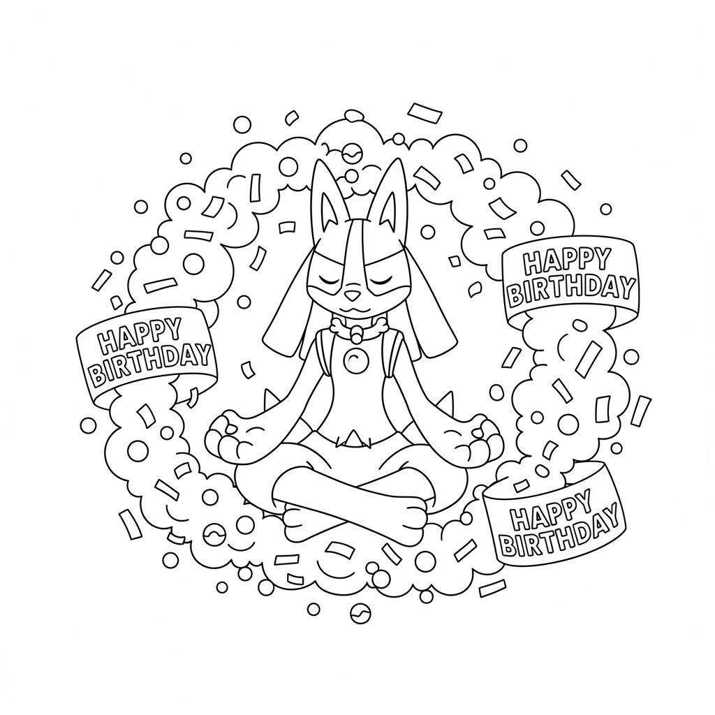Zwart-wit kleurplaat van Lucario in meditatiehouding met gekruiste benen en gesloten ogen, omringd door zwevende confetti/bellen en drie spandoeken met 'HAPPY BIRTHDAY'.