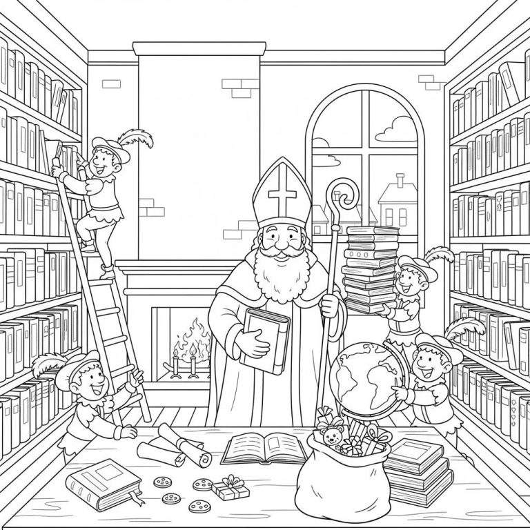 Kleurplaat van Sinterklaas met staf en boek in een bibliotheek. Vier pieten helpen met boeken en pakjes. Een open haard, boekenkasten, tafel met cadeaus, koekjes, wereldbol en een raam zijn zichtbaar.
