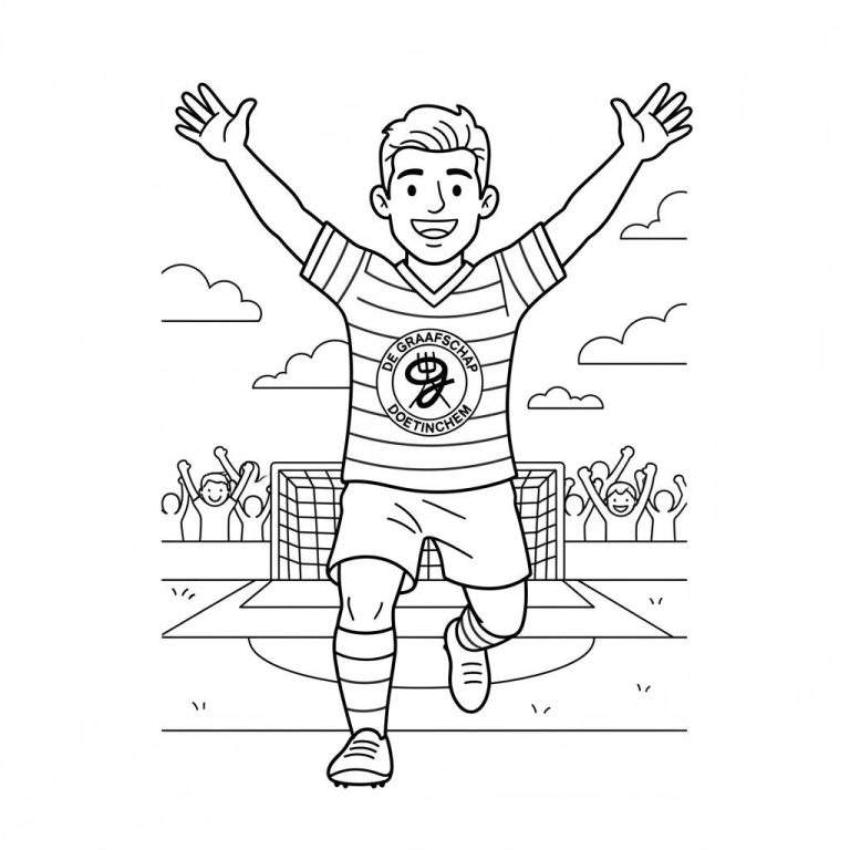 Zwart-wit kleurplaat van een juichende De Graafschap voetballer op het veld met feestende supporters op de achtergrond.
