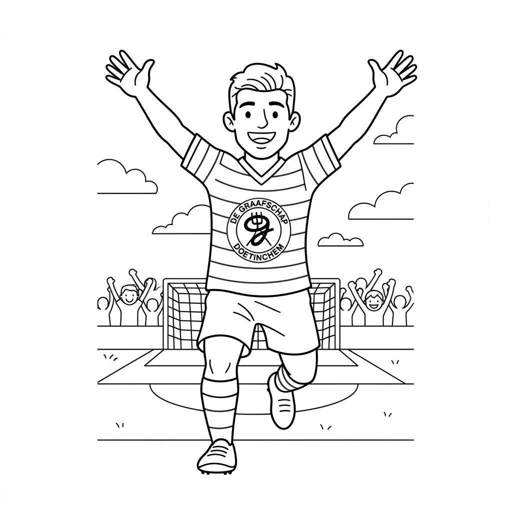 Zwart-wit kleurplaat van een juichende De Graafschap voetballer op het veld met feestende supporters op de achtergrond.