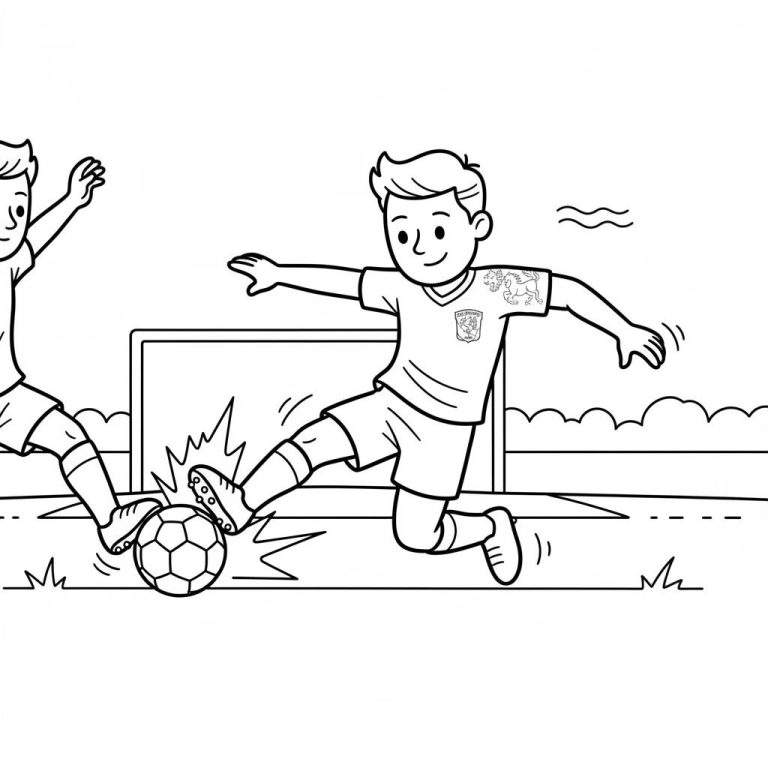 Kleurplaat FC Twente: lachende jonge voetballer in actie, schopt bal bij voetbaldoel. Draagt tenue met clublogo en draak op schouder.