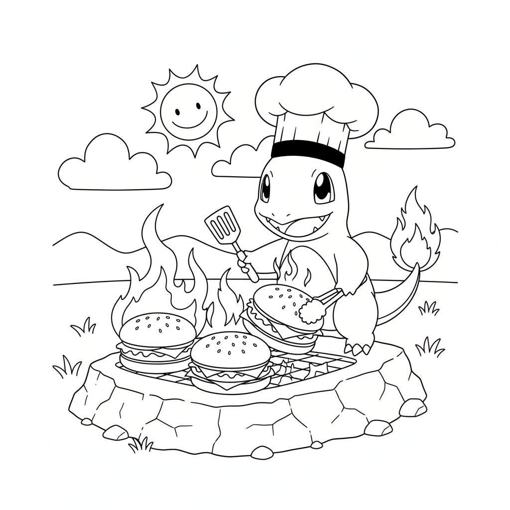 Kleurplaat van een vrolijke Charmander als chef-kok, die hamburgers grilt op een stenen barbecue, met een lachende zon, wolken en gras op de achtergrond.