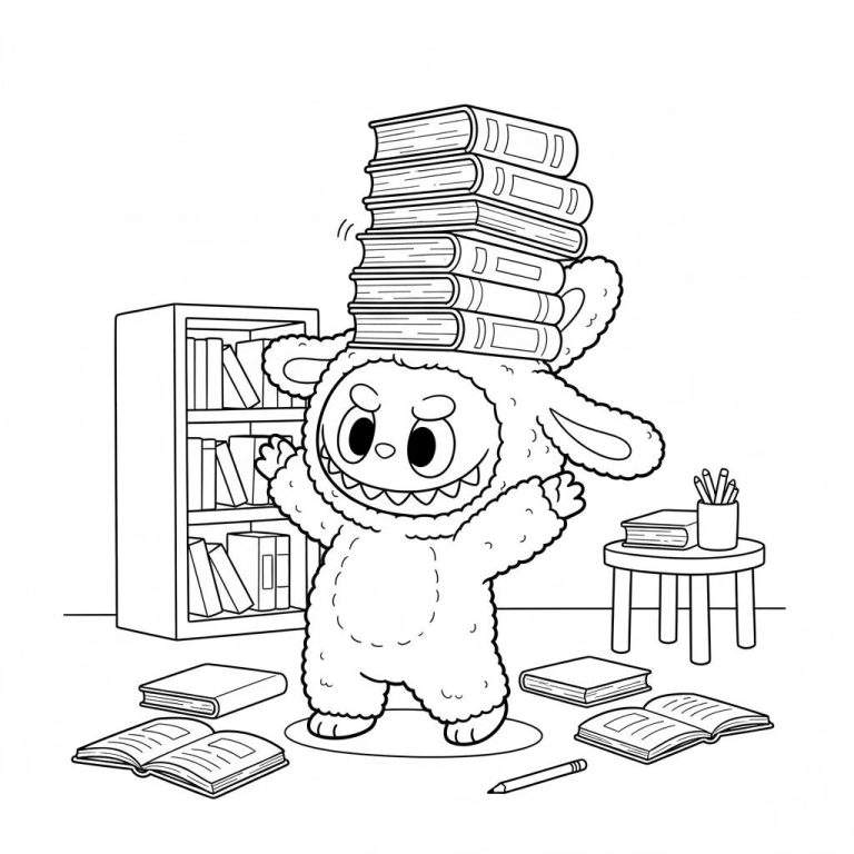 Zwart-wit kleurplaat van Labubu, een schattig monster met grote ogen en lange oren, die een wankele stapel van acht boeken op zijn hoofd balanceert. Op de achtergrond een boekenkast, een tafeltje met boeken en potloden, en op de vloer liggen verspreide boeken.