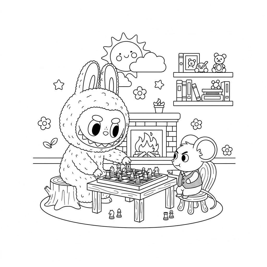 Zwart-wit kleurplaat van een gezellig schaakspel tussen een pluizig konijn-monster (Labubu-achtig) en een kleine muis bij een brandende open haard, met decoratieve elementen.