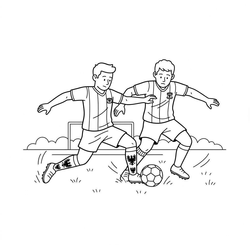 Zwart-wit kleurplaat van twee Go Ahead Eagles voetballers in actie op een grasveld, met een dribbelende speler aan de linkerkant en een verdedigende speler aan de rechterkant. Een voetbal ligt tussen hun voeten, en een deel van een voetbaldoel is zichtbaar op de achtergrond. De spelers dragen shirts, korte broeken en sokken met een dubbele adelaar embleem.