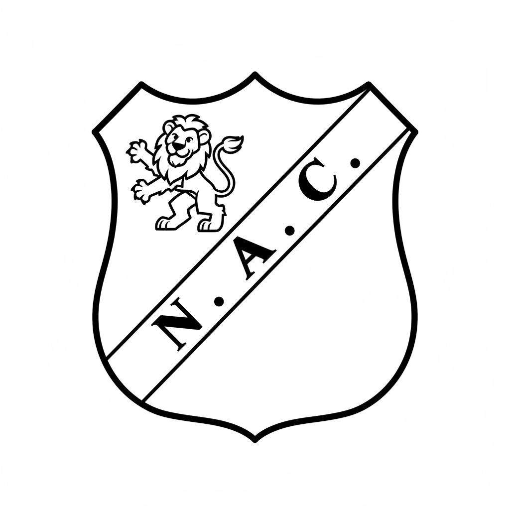 Zwart-wit kleurplaat van het NAC Breda wapenschild met een rechtopstaande leeuw en een diagonale band met de letters N. A. C.