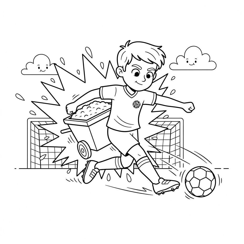 Roda JC voetbal kleurplaat met een jongen in voetbaltenue die een bal trapt richting een doel, met een kruiwagen en twee vrolijke wolkjes op de achtergrond.