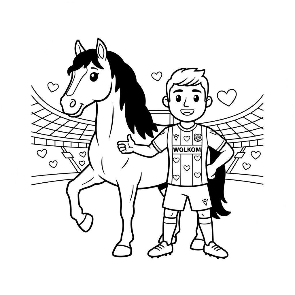 Kleurplaat van een lachende jongen in SC Heerenveen voetbaltenue met 'WOLKOM' op zijn shirt, die zijn arm om een paard slaat. Op de achtergrond is een stadiontribune te zien en overal zweven hartjes.